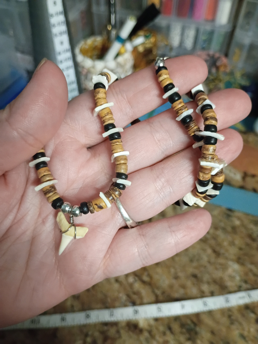 Enchanted Ocean Currents: Modern Sandbar Shark Tooth Shell & Wood Bead Necklace